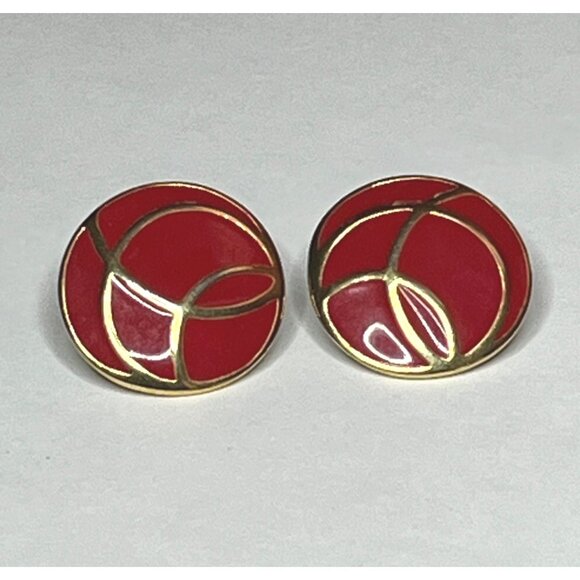 Vintage Monet Red Enamel & Gold Round Clip-On Earrings - Picture 7 of 7